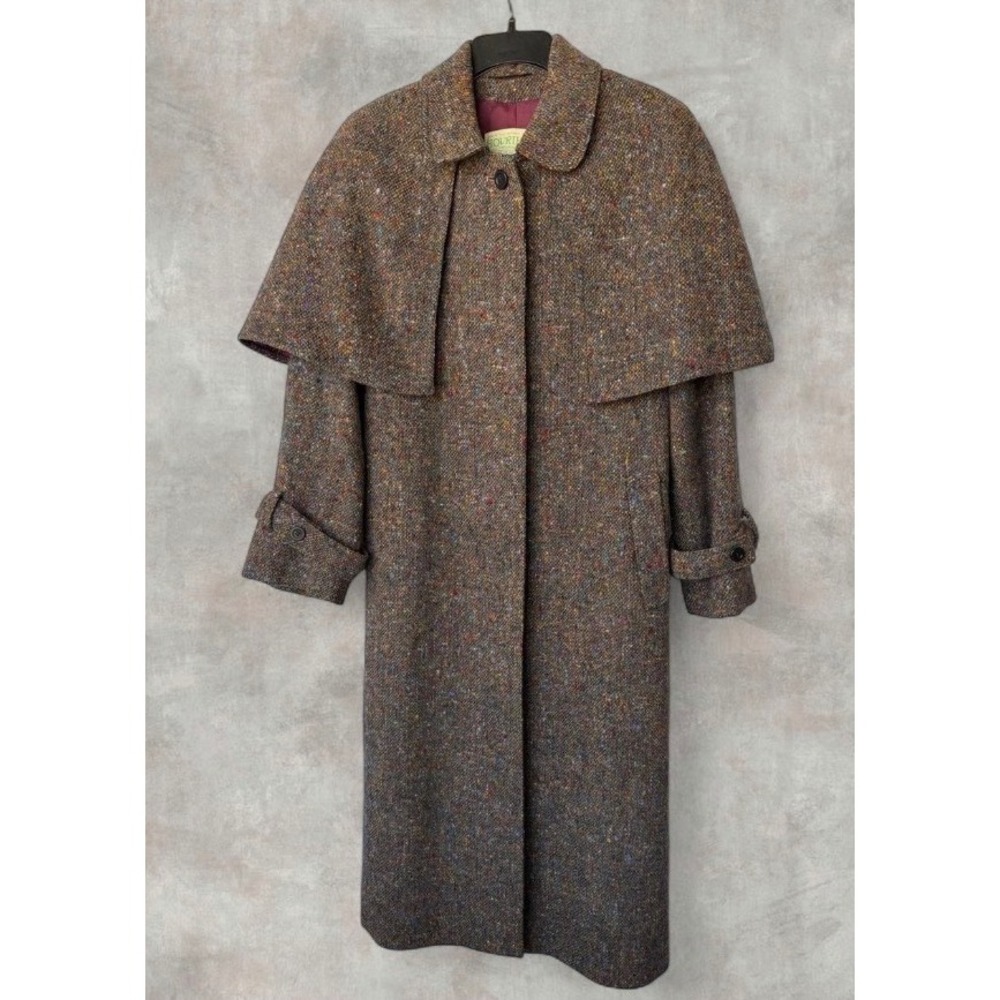 Vtg JIMMY HOURIHAN Irish Wool Tweed Cape Trench Coat Multicolor S/M